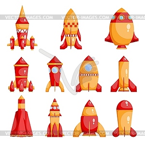 Set of bright red and yellow rockets in cartoon - vector image