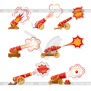 Set Vintage gun. Color medieval cannons firing. - vector image