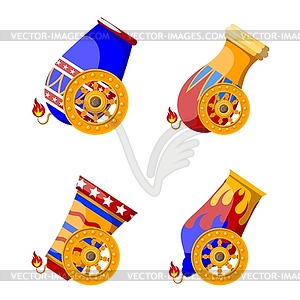 Set of bright colored images of circus guns. Elemen - vector image