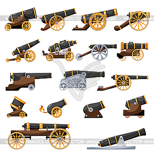 Set Vintage gun. Color medieval cannon firing - vector image