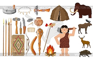 Cartoon style set of primitive man objects Objects - vector clipart