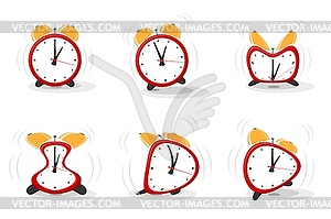 Set of funny crazy red alarms in different poses - vector clip art