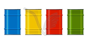 Set of multi-colored metal barrels. Containers for - vector clip art