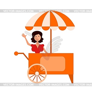 Cartoon market stall and woman. Female street - vector clipart