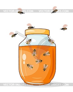 Glass jar with honey and bees - vector image