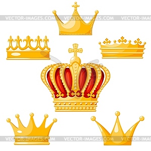 Set of golden crown monarchs. regalia of king, - vector image