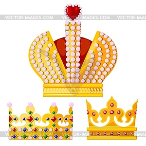 Set of golden crown monarchs. regalia of king, - vector image