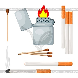 Set of smoking items. Cigarette, lighter, match. - vector image