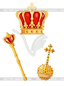 Crown, scepter and orb. Cartoon style. royal - vector image