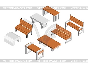 Коллекция скамеек. Набор парковых скамеек в - векторный графический клипарт