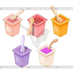 Sliced yogurt with spoon. Yogurt made of cherry, - vector clip art