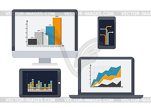 Экранный ноутбук, планшет и смартфон с диаграммами - клипарт в векторе / векторное изображение