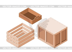 Set of wooden boxes in isometric style. Object, - vector image