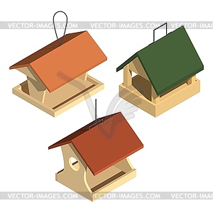 Three wooden bird feeders. Device for feeding - vector clipart