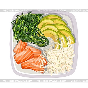 White square poke bowl with salmon, avocado, rice - vector clipart