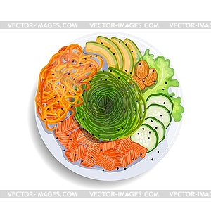 Белая круглая миска с лососем, авокадо, огурцом - векторный клипарт EPS