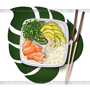 White square poke bowl with salmon, avocado, rice - vector image