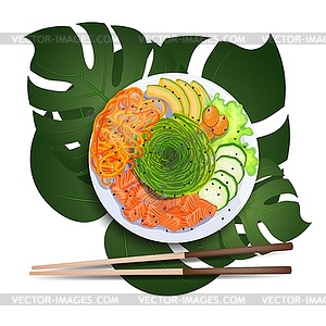 Белая круглая миска с лососем, авокадо, огурцом - изображение в формате EPS