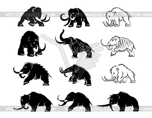 Set of black silhouettes of mammoths. Prehistoric - vector image