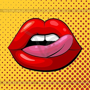 Красные женские губы с языком на желтом фоне - векторный клипарт EPS