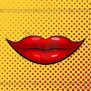 Red female lips on yellow background in pop art - vector image