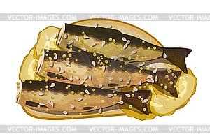 Appetizing sandwich with sprats, pickles, sesame. - royalty-free vector clipart