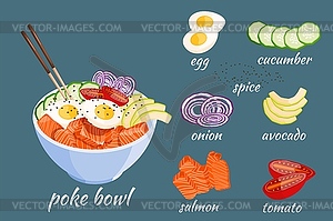 Isometric White round poke bowl with salmon, - vector clipart