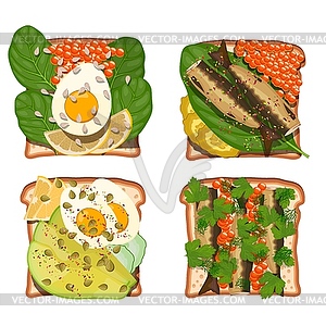 Set of toasts with various wholesome food - vector clip art