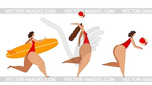 Summer rest. Three women relaxing on beach. - vector clip art