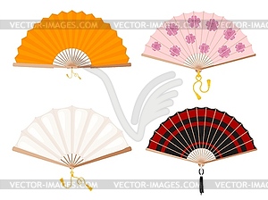 Set of fans. Yellow, white, with floral pattern - vector clipart