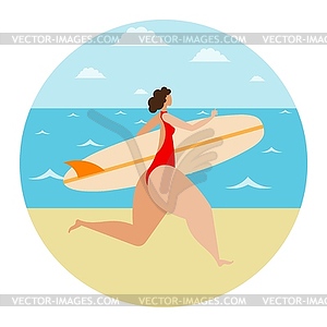 Young girl running along sand on seashore with - stock vector clipart