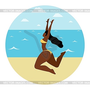 Young dark-skinned girl joy running through sand - vector image