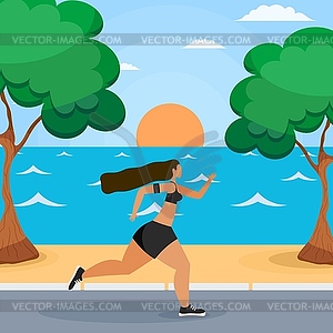 Young woman running along seashore. Seascape with - vector clipart