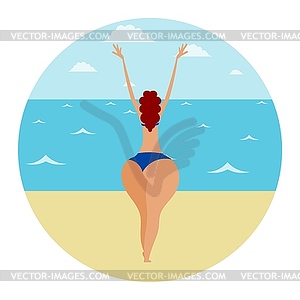 Young girl in bikini on beske by sea is engaged in - vector image