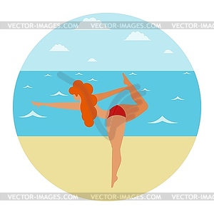 Young girl in bikini on beske by sea is engaged in - royalty-free vector image