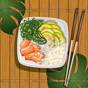 White square poke bowl with salmon, avocado, rice - vector image
