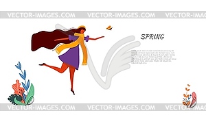 Stylized spring young girl with butterfly and long - vector clip art