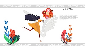 Abstract stylized girl in jump with flower. - vector clipart