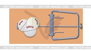 Flat wooden mousetrap with drugs pills. Concept of - vector image