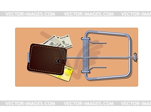 Flat wooden mousetrap with leather purse and money - vector image