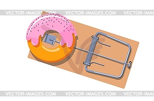 Плоская деревянная мышеловка с круглым мультяшным пончиком. - стоковое векторное изображение