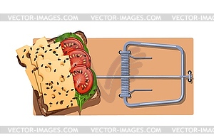 Flat wooden mousetrap with cheese sandwich and - vector clipart