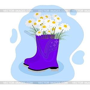 Colored rubber boot with flowers inside on colored - vector image