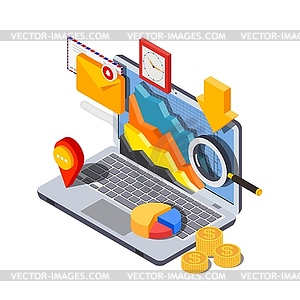 Isometric style laptop with icons of envelope, - royalty-free vector image