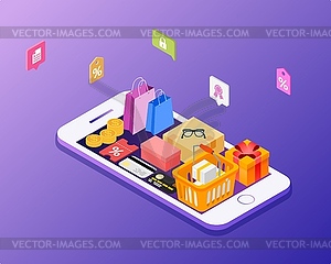 Concept of online shopping. Smartphone on purple - vector image