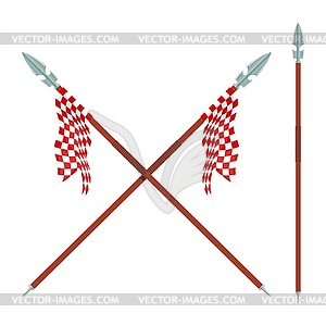 Два копья с красным флагом. геральдический знак - скрещенный - векторный клипарт / векторное изображение