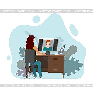 Young girl sits at table and meets guy on - royalty-free vector clipart