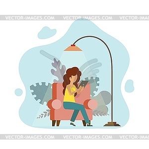 Young girl with tablet on red chair at home. - vector image