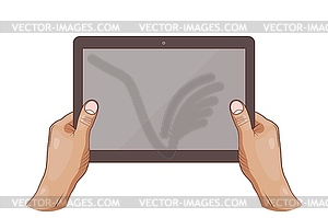 Graphic drawers of two human hands holding tablet, - vector clipart