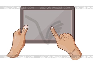 Two hands holding tablet and index finger making - royalty-free vector image